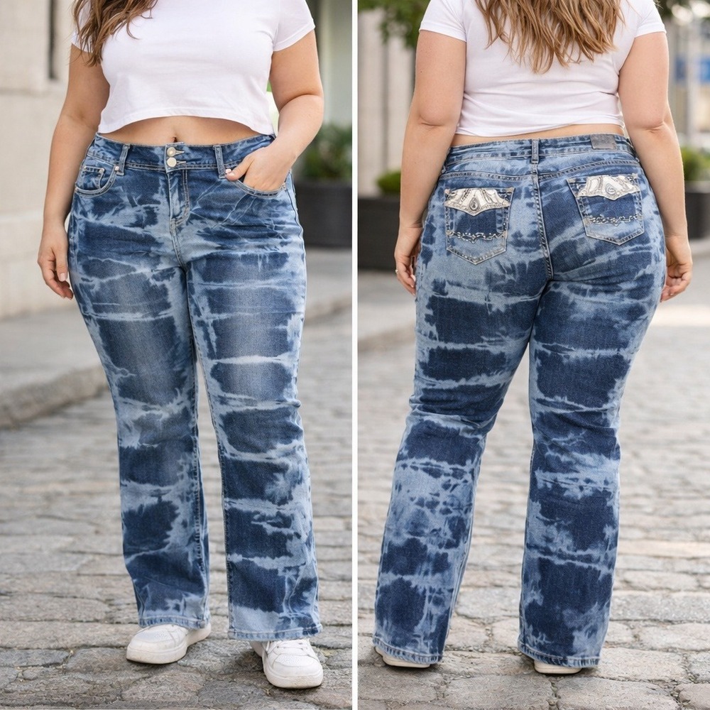 WallFlower Luscious Curvy Tie Dye Bootcut Jeans Blue White Rhinestone‎ Womens 18